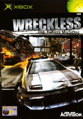 Front cover of the Xbox game Wreckless: Unleash Your Mission, featuring a silver sports car in a fiery urban street scene, with the Xbox and Activision logos visible.